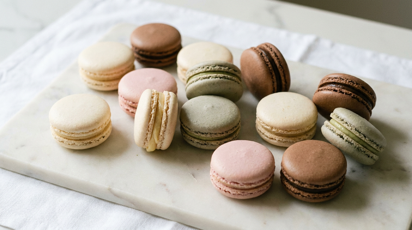 Macarons parisiens aux coques mates et lisses, collerette nette à la base, couleurs pastel sourdes, ganache visible de profil