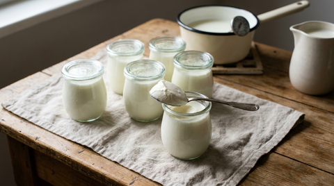 Yaourts maison dans des pots en verre, surface lisse et mate, une cuillère levée tenant une masse ferme sans petit-lait, casserole avec thermomètre et pot de lait entier