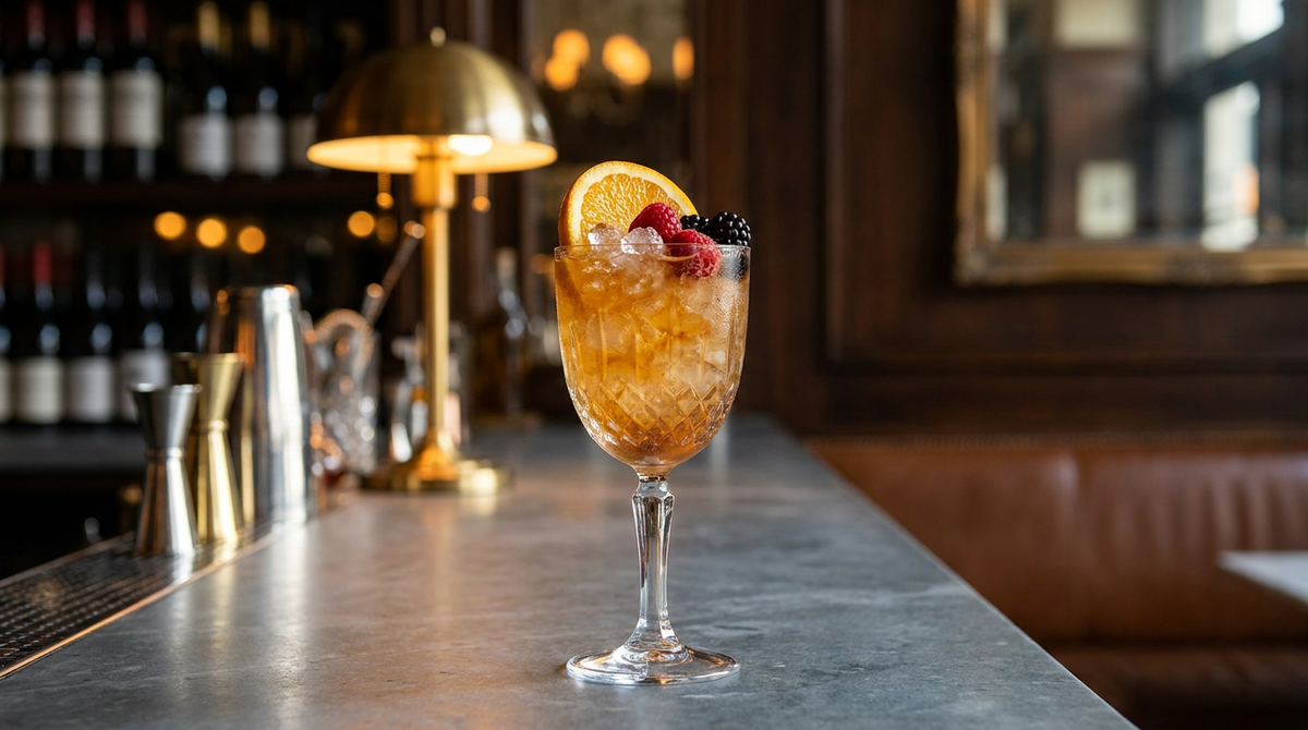 Rum Cobbler ambré sur glace pilée, tranches d'orange et de citron, comptoir de marbre veiné gris