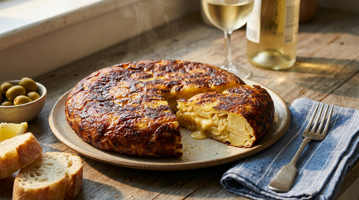 Tortilla espagnole épaisse à la croûte dorée et caramélisée, une part coupée montrant un cœur moelleux et des lamelles de pomme de terre