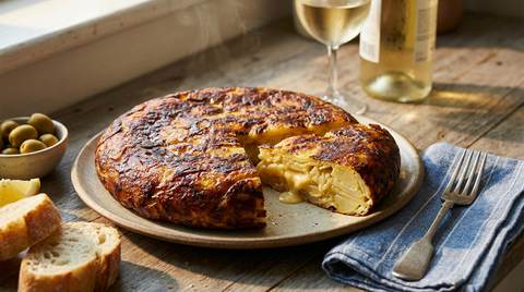 Tortilla espagnole épaisse à la croûte dorée et caramélisée, une part coupée montrant un cœur moelleux et des lamelles de pomme de terre