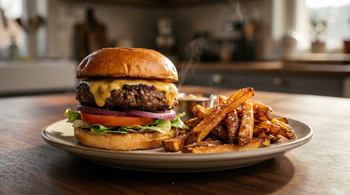 Burger maison, steak à la croûte brune et cheddar fondu, frites main dorées et croustillantes