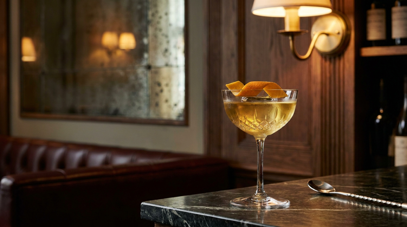 Cocktail au vin blanc et à la liqueur d'orange dans une coupe en cristal taillé, ruban de zeste d'orange, sur un comptoir de marbre noir