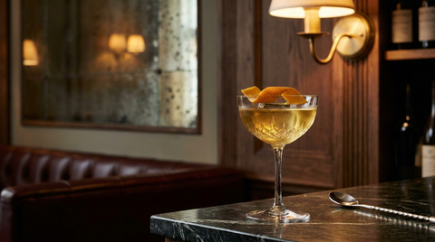 Cocktail au vin blanc et à la liqueur d'orange dans une coupe en cristal taillé, ruban de zeste d'orange, sur un comptoir de marbre noir