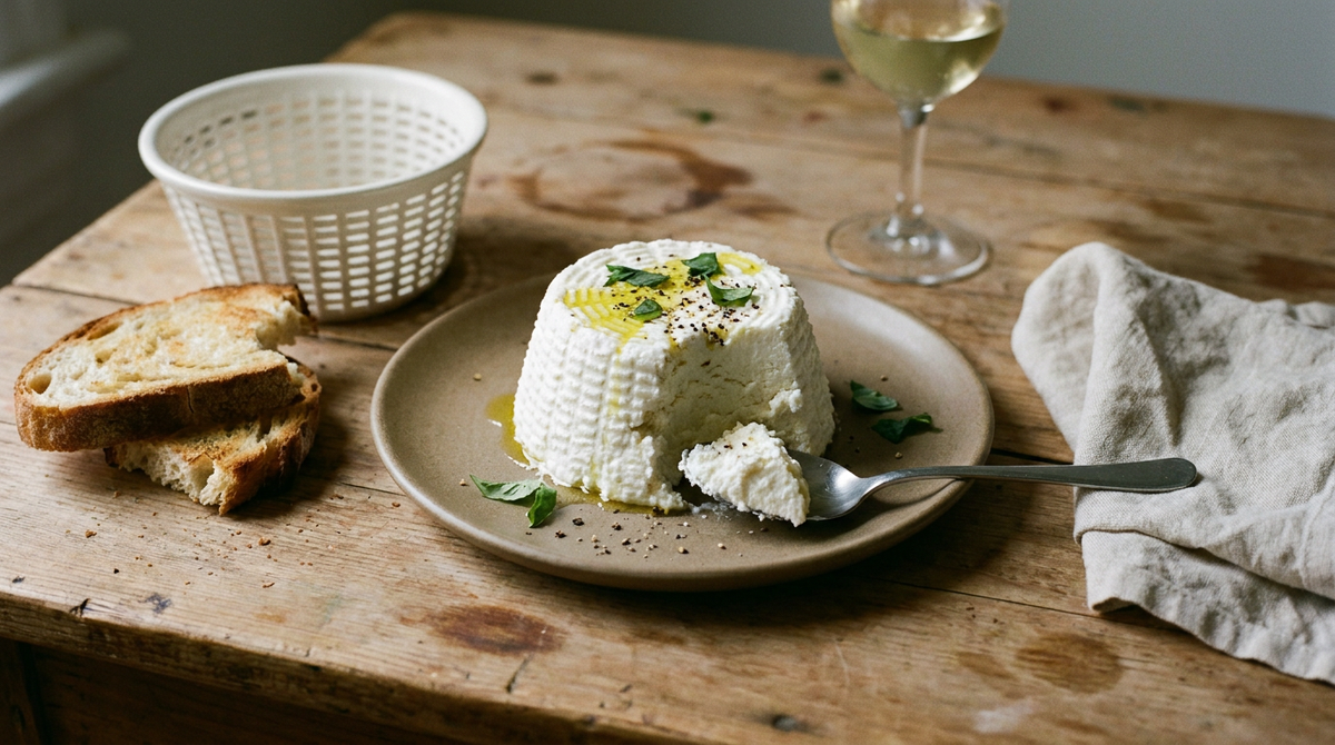 Ricotta maison démoulée sur une assiette en grès, blanche et crémeuse, huile d'olive, basilic et poivre, faisselle vide et propre, pain de campagne grillé, verre de vin blanc, table en bois