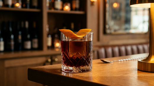 M&M dans un verre bas en cristal taillé sur un comptoir de caviste en chêne, robe brun acajou, gros glaçon et zestes d'orange