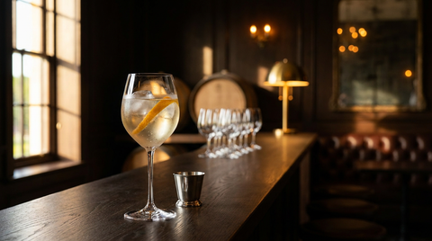 Cocktail à base de vin blanc dans un grand verre à vin, glaçons clairs et zeste d'orange, sur le comptoir de chêne d'une salle de dégustation