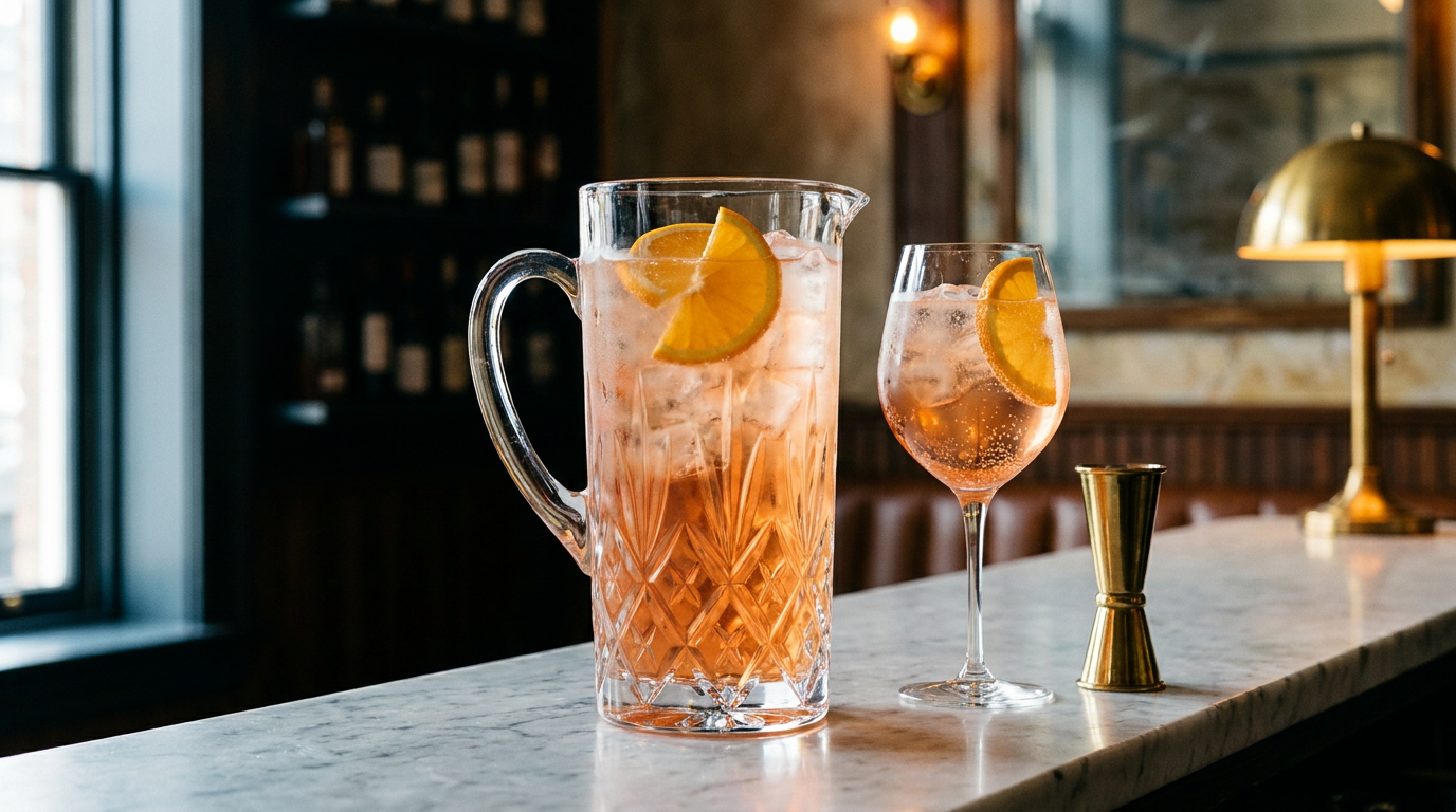 Grande carafe de cristal de spritz au crémant pour un apéritif de 20 personnes, rondelle d'orange, sur un comptoir de marbre