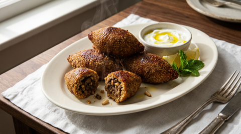 Kibbeh libanais frits en fuseaux dorés au grain de boulgour visible, l'un ouvert montrant la coque fine et la farce d'agneau aux pignons