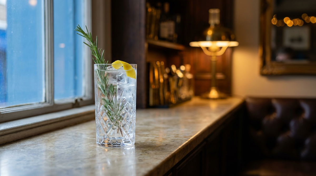 Gin tonic au romarin dans un grand verre glacé, brin de romarin dressé dans le verre, zeste de citron, appui de fenêtre en pierre