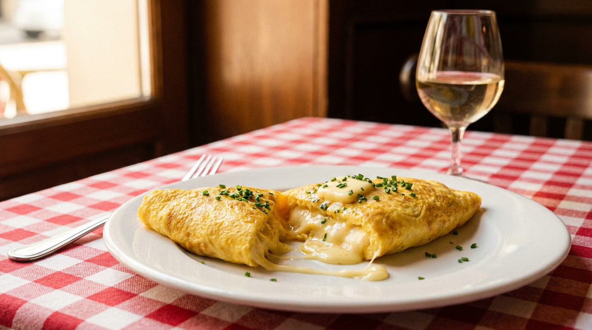 Omelette au fromage roulée et baveuse, comté fondu qui coule, nappe à carreaux, verre de vin blanc