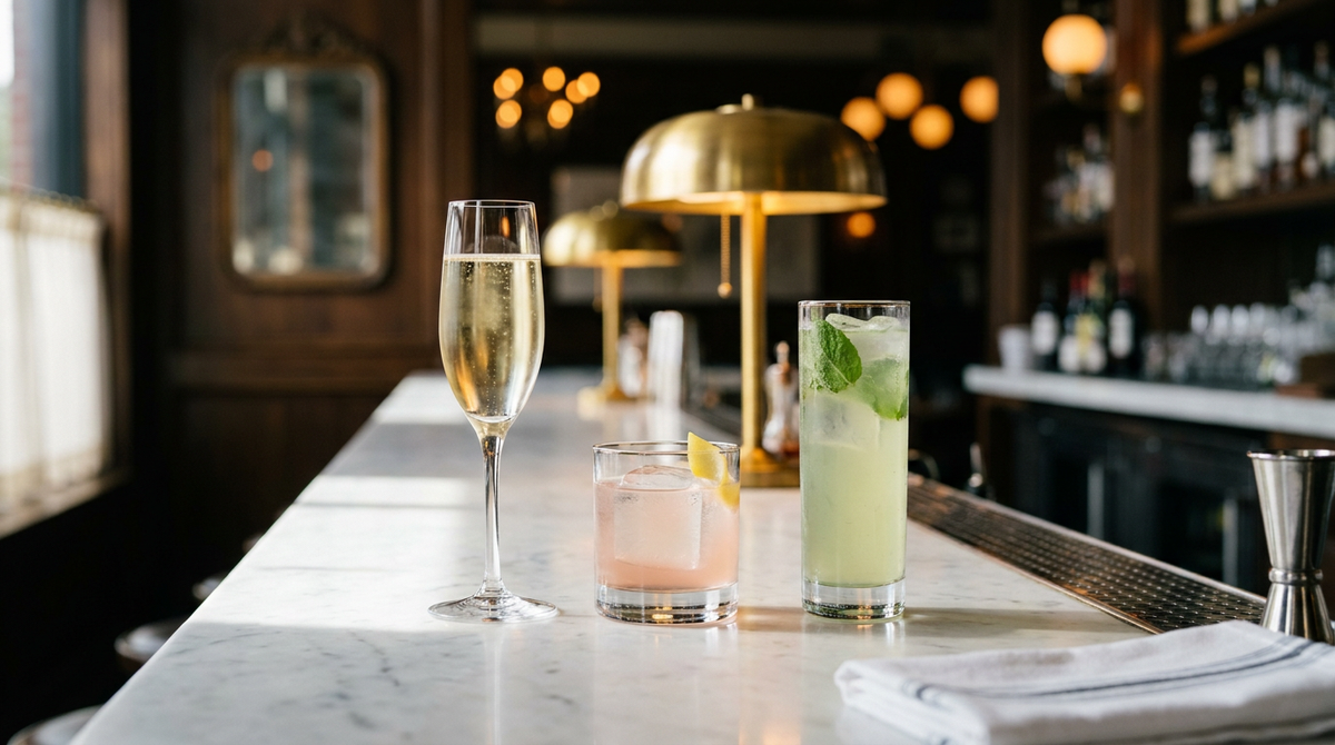Trois mocktails de fête sans alcool, une flûte dorée, un verre bas rose sur glace et un grand verre vert pâle à la menthe, sur un comptoir de marbre blanc, bar chic lumineux flou