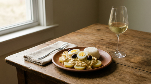 Ají de gallina, le poulet à la crème de piment jaune du Pérou : effiloché après pochage, dans une sauce liée au pain trempé dans le lait, aux noix et au parmesan