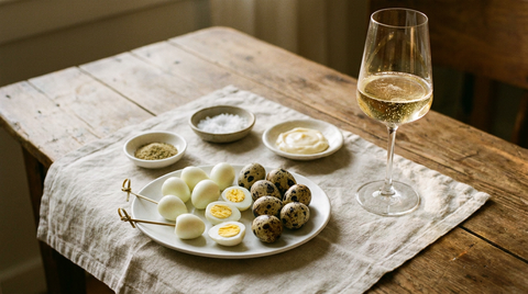 Plat d'œufs de caille durs, écalés et en coquille tachetée, coupés montrant le jaune, sel de céleri, mayonnaise, piques en bois, table de bois, verre de crémant