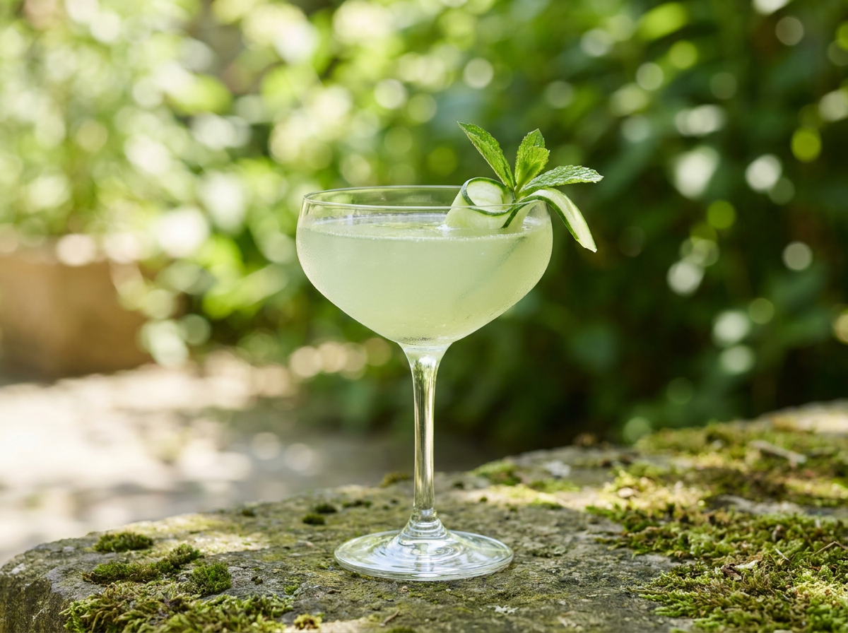Verre coupe d'Eastside, cocktail au gin vert pâle avec concombre et menthe, lumière naturelle