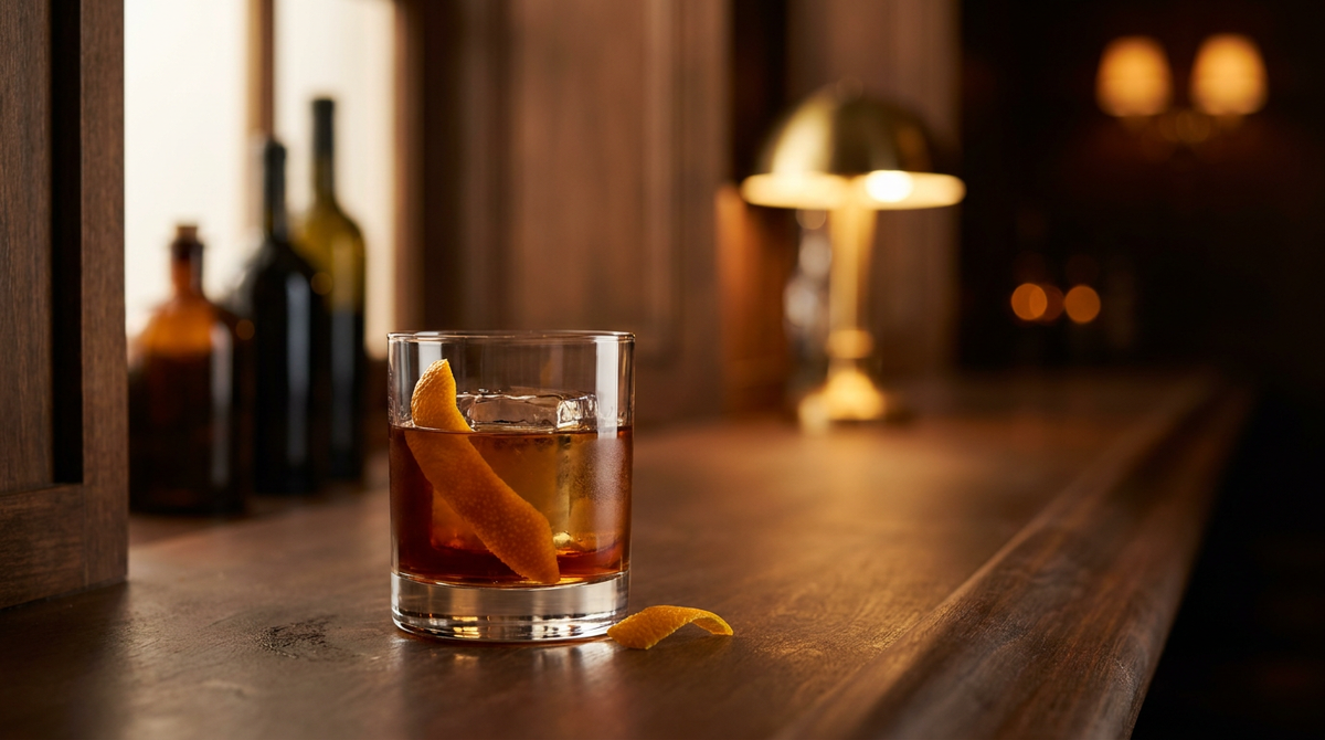 Verre bas à fond épais contenant une boisson ambrée foncée sur un gros glaçon unique, long zeste d'orange tordu dedans, comptoir de bois ciré sombre