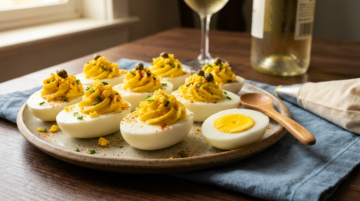 Œufs mimosa sur un plat, farce jaune d'or bien pipée sans aucun cerne gris, câpres, ciboulette et paprika
