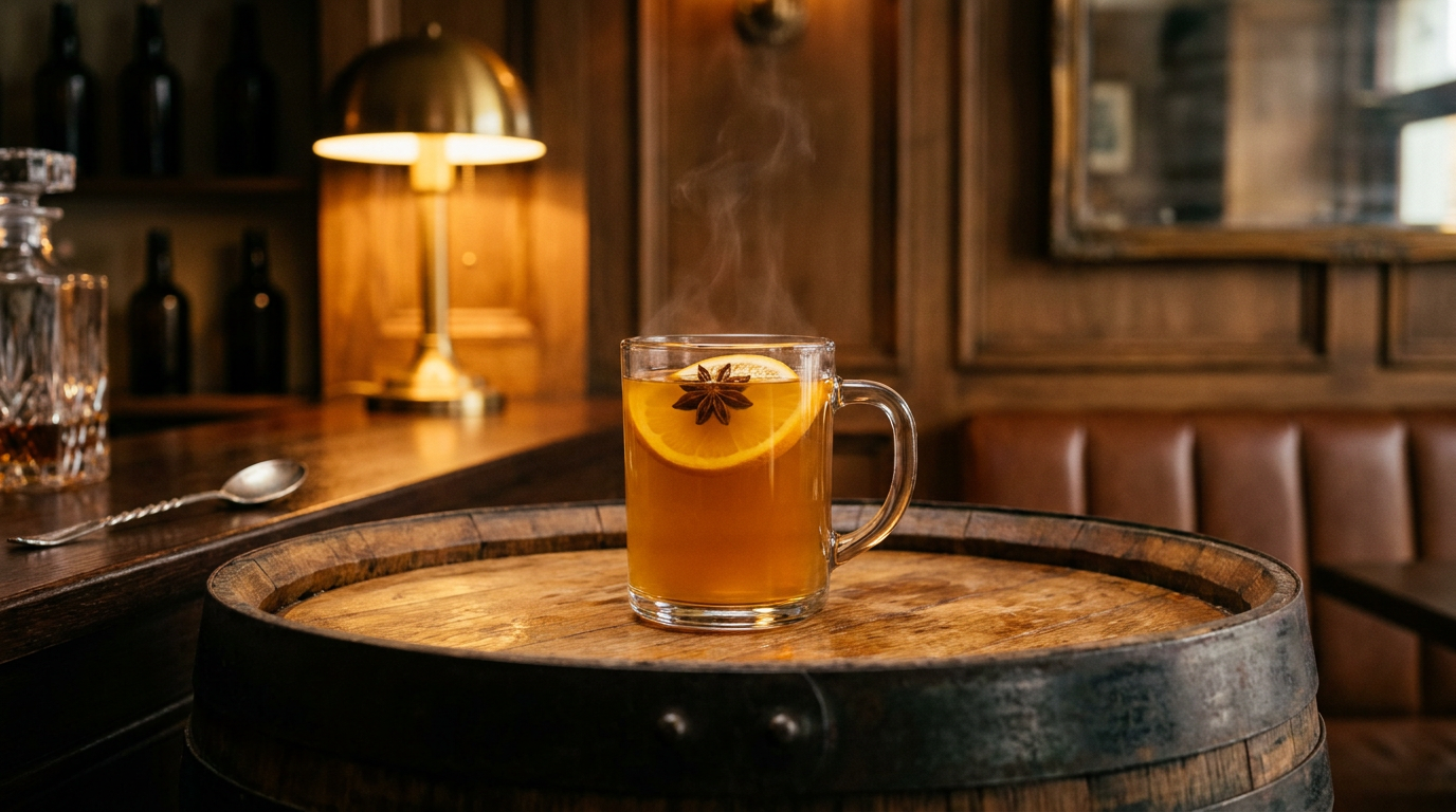 Mug en verre de cidre chaud épicé doré et fumant, badiane et rondelle d'orange en surface, sur une tête de tonneau de chêne cerclée de fer