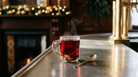 Mug en verre de vin chaud épicé rouge fumant avec amandes et raisins secs au fond, cuiller argentée posée, sur un comptoir d'étain, guirlande lumineuse floue au fond