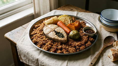 Thiéboudienne sénégalaise sur un grand plat rond en métal, riz brisé orangé, tronçon de poisson farci aux herbes, manioc, chou, carotte et aubergine amère autour