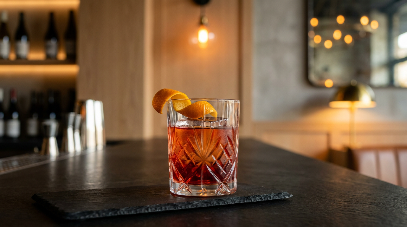 Sherry Negroni grenat sur un gros glaçon clair, zeste d'orange, comptoir d'ardoise noire