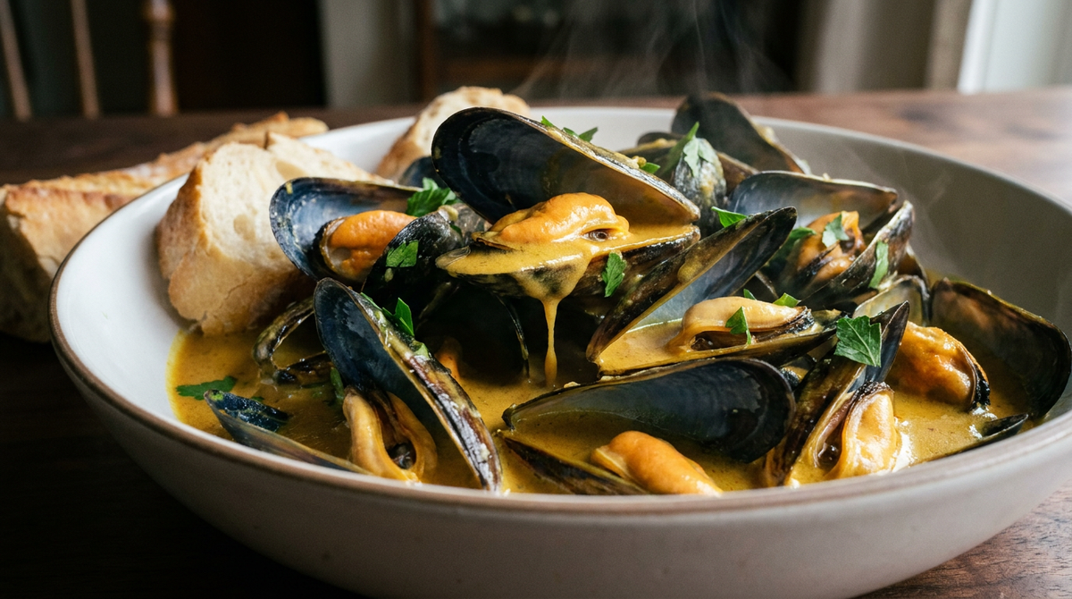 Mouclade charentaise, moules ouvertes à chair orange nappées de sauce crème au curry dorée
