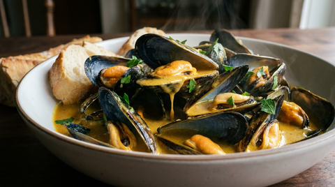 Mouclade charentaise, moules ouvertes à chair orange nappées de sauce crème au curry dorée
