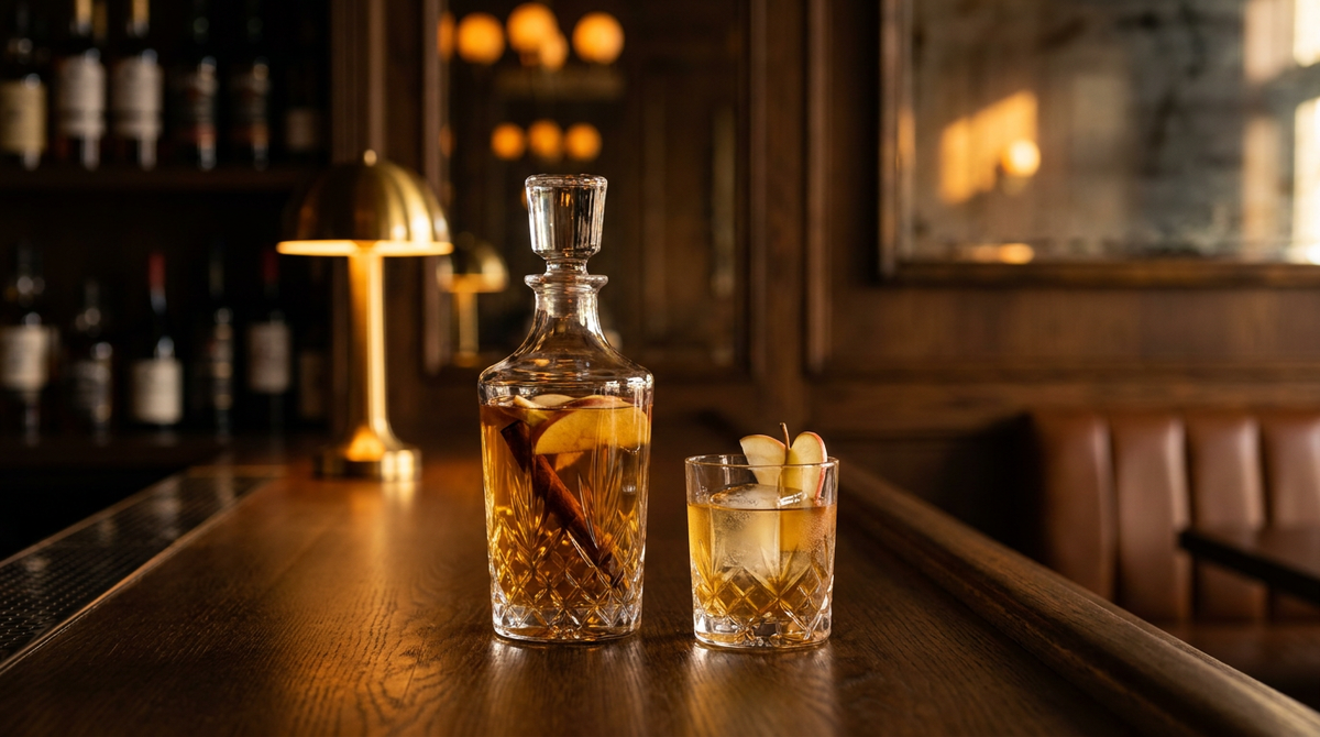 Carafe de cristal de rhum arrangé pomme-cannelle et verre à dégustation, sur un comptoir de bar en chêne poli
