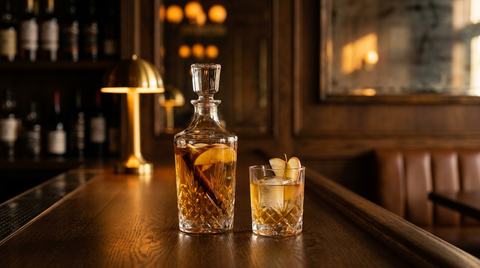 Carafe de cristal de rhum arrangé pomme-cannelle et verre à dégustation, sur un comptoir de bar en chêne poli
