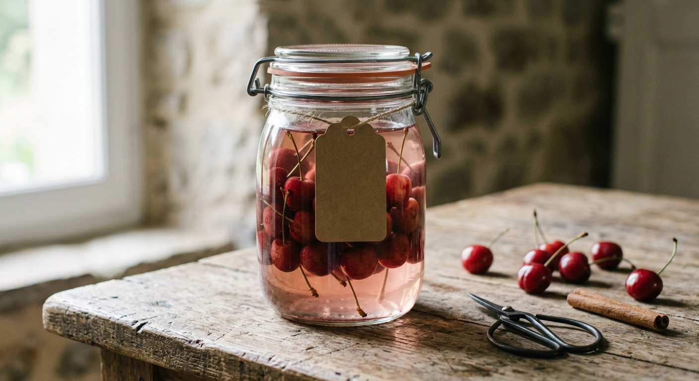 Bocal à fermeture mécanique rempli de cerises rouges entières avec leurs queues, baignant dans un alcool clair légèrement rosé, cerises fraîches et ciseaux posés sur une table en bois brut