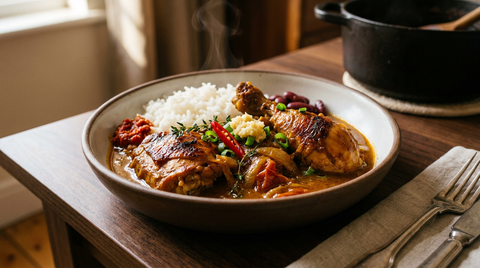Carry de poulet réunionnais, sauce brun orangé réduite, peau dorée, riz blanc et haricots rouges