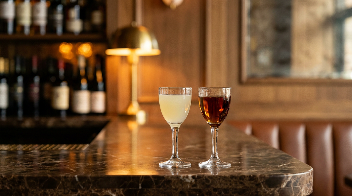 Sol y Sombra en deux petits verres à pied côte à côte, l'un d'anis pâle et trouble, l'autre d'eau-de-vie ambrée, comptoir de marbre Emperador