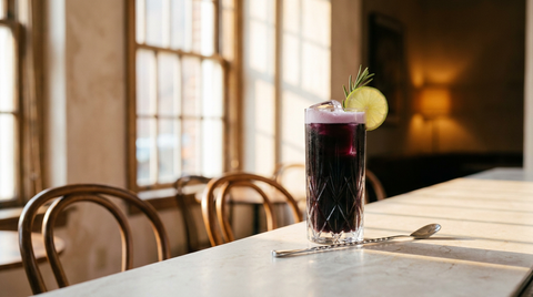 Cocktail d'Halloween sans alcool dans un verre haut en cristal taillé sur un comptoir de marbre près d'une fenêtre : jus de raisin noir presque noir, col de mousse pâle, rondelle de citron vert et brin de romarin