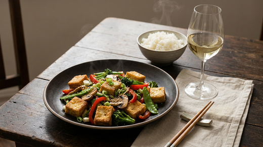 Assiette de tofu sauté doré aux légumes, bol de riz, verre de vin blanc