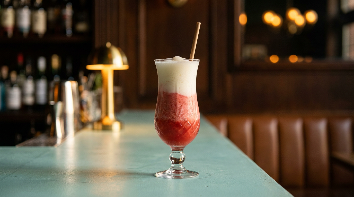 Miami Vice à deux couches, fraise rouge en bas et coco blanche en haut, table de terrazzo clair