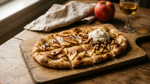 Pinsa sucrée aux pommes ovale sur une planche en bois, pâte dorée, lamelles de pommes en éventail caramélisées aux bords, caramel au beurre brillant, cannelle, crème fouettée, quelques noix, table de famille d'automne, lumière chaude
