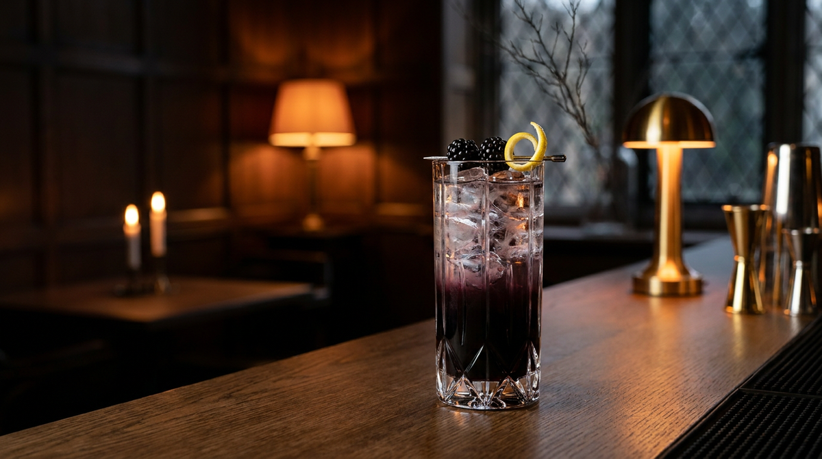 Grand verre de glace et d'un cocktail à la mûre violet très sombre, mûres et zeste de citron sur le bord, sur un comptoir de chêne fumé, bar dans la pénombre