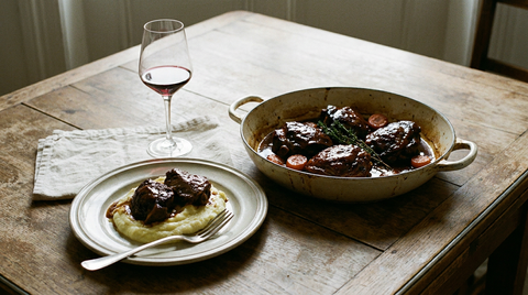 Plat en fonte de joues de porc confites, viande fondante nappée d'une sauce brune réduite et brillante, rondelles de carotte et thym, assiette avec deux joues sur une purée lisse, verre de vin rouge