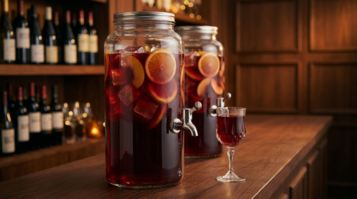 Deux grands distributeurs en verre à robinet remplis de sangria pour 40 personnes, tranches d'orange et glace, sur un comptoir de caviste