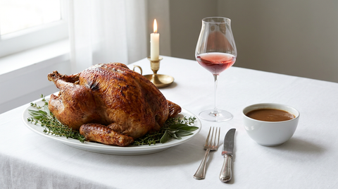 Dinde de Thanksgiving rôtie entière, sauce gravy, nappe blanche, verre de vin rouge