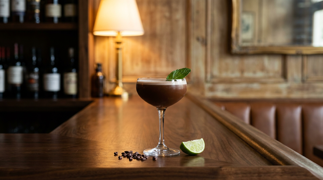 Mulata Daiquiri en coupe, couleur cacao profond, sur un comptoir de noyer