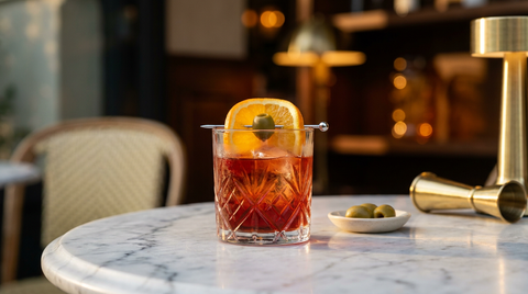 Verre bas rempli de glace et de vermouth rouge, rondelle d'orange et olive verte sur le bord, coupelle d'olives à côté, sur une table de bistrot en marbre au crépuscule