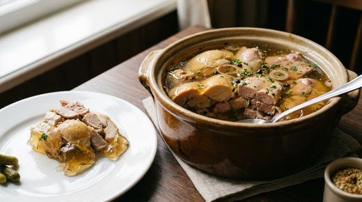 Potjevleesch flamand en terrine, gros morceaux de viandes blanches pris dans une gelée ambrée, cornichons