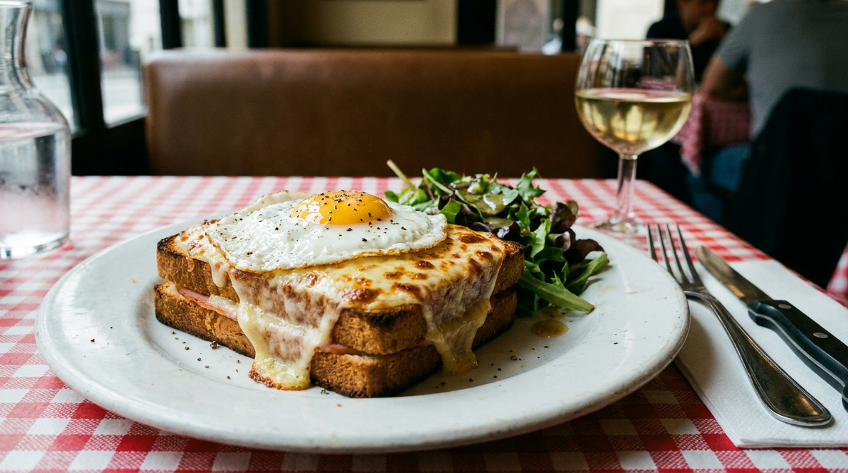 Croque-madame doré dans une assiette de bistrot blanche épaisse, œuf au plat posé dessus au jaune coulant, béchamel gratinée qui déborde du pain de mie, salade verte à côté, nappe à carreaux rouge et blanc, lumière de fenêtre