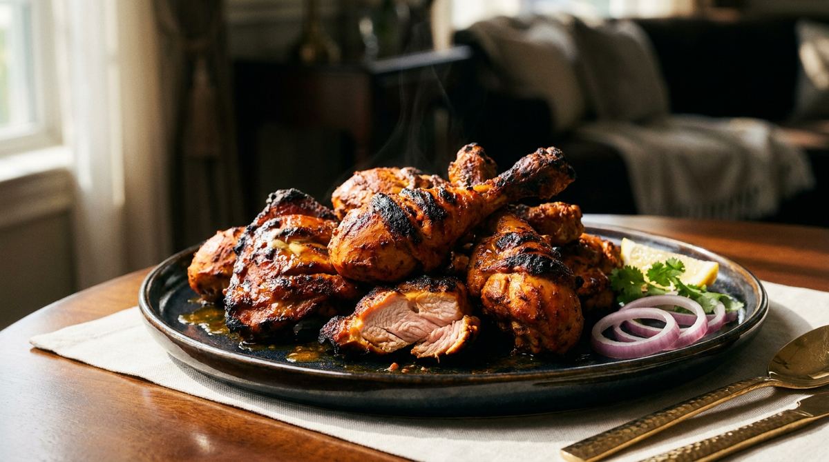 Poulet tandoori aux morceaux rouge brique et bords noircis, empilés sur un plat sombre, oignon rouge, citron et coriandre