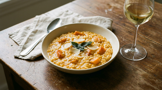 Assiette creuse de risotto orangé au potimarron, riz crémeux, dés de potimarron rôtis, feuilles de sauge frites, copeaux de parmesan, cuillère à plat, verre de vin blanc, table en bois