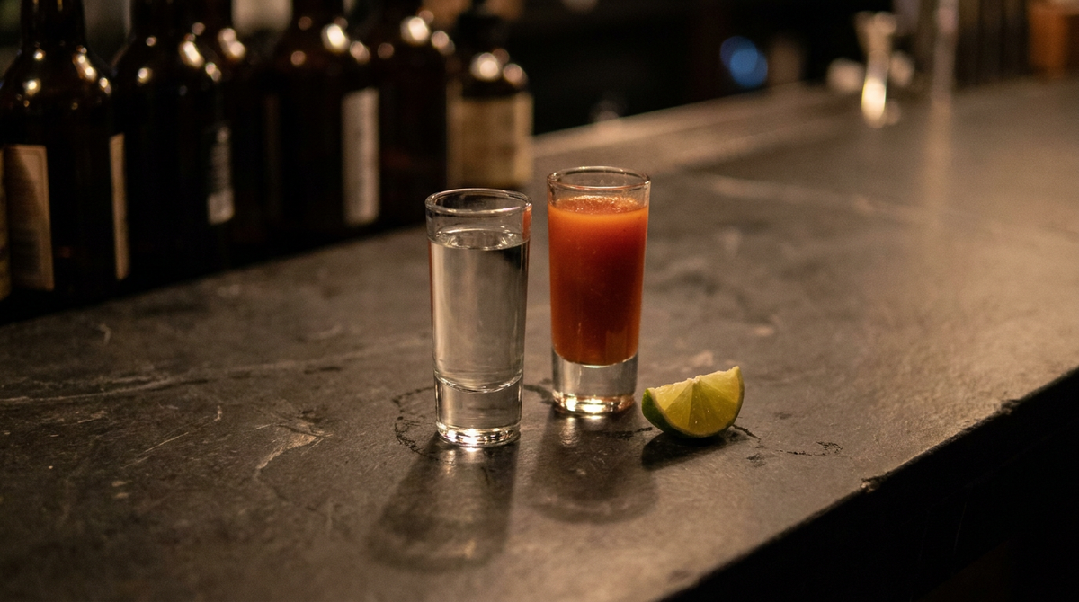 Deux petits verres étroits côte à côte, l'un de tequila claire, l'autre d'une sangrita rouge orangé, quartier de citron vert à côté, comptoir de pierre sombre, lumière chaude
