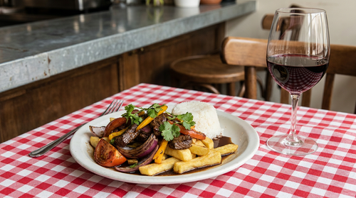Lomo saltado, le sauté péruvien : le bœuf saisi par poignées dans une poêle brûlante pour qu'il ne bouille pas, l'oignon et la tomate une minute, et les frites ajoutées en dernier