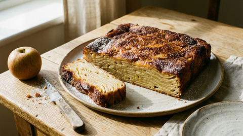 Gâteau invisible aux pommes démoulé sur une assiette, tranche coupée montrant les dizaines de fines lamelles de pomme empilées et dorées sur le dessus, presque aucune pâte visible, sucre glace, couteau, table de bois clair