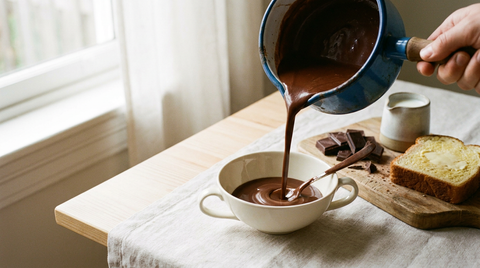 Tasse de chocolat chaud à l'ancienne, épais et brillant, carrés de chocolat noir et fouet